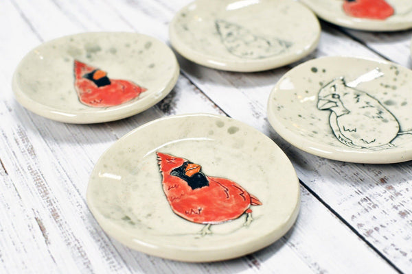 Cardinal Bird Ceramic Small Coffee Spoon Rest, Jewelry Trinket Dish, Handmade Stoneware Pottery, Red, Brown, Black, White