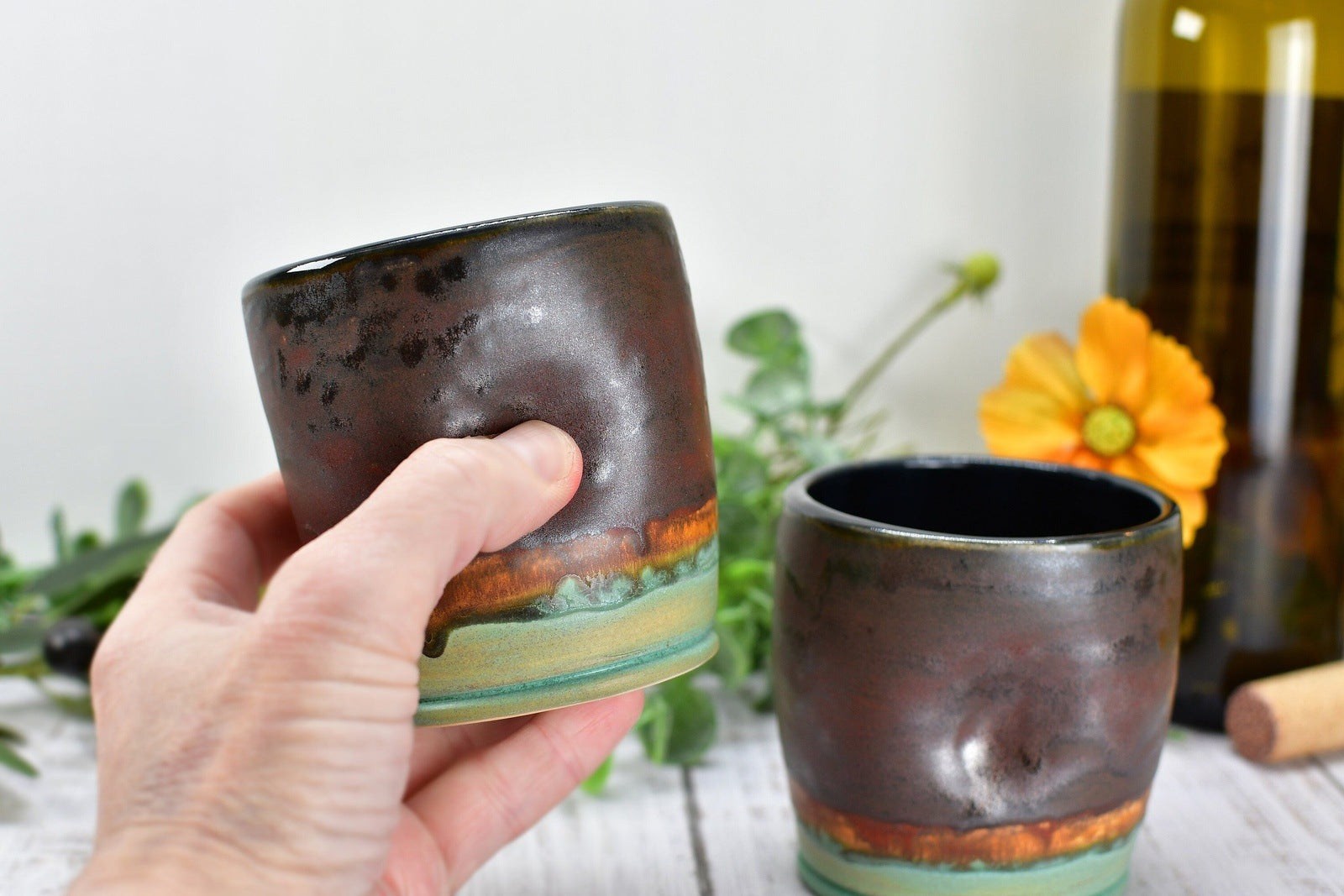 Stemless Ceramic Wine Tumbler Handmade with Thumb Dent, Desert Southwest Stoneware Pottery Sake Cup in Turquoise, Copper, and Sage Green