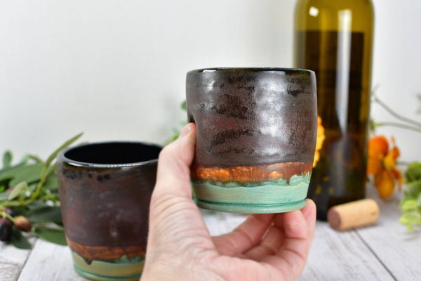 Stemless Ceramic Wine Tumbler Handmade with Thumb Dent, Desert Southwest Stoneware Pottery Sake Cup in Turquoise, Copper, and Sage Green