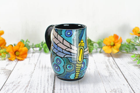 Dragonfly Ceramic Handmade Mug, Nature Lover Gift | Pottery Coffee Cup | Stoneware Hand Painted Art in Black, Blue, Teal & Green