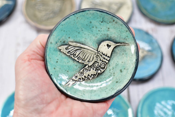 Hummingbird Ceramic Small Coffee Spoon Rest, Handmade Jewelry Trinket Dish, Stoneware Pottery Gift in Blue, Gray, Green, Purple, Turquoise