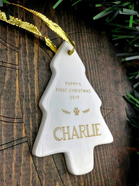 Puppy's First Christmas Ornament Personalized Tree Shape