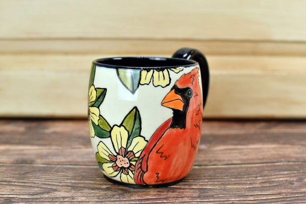 Cardinal Bird Handmade Pottery Mug Gift, Ceramic Coffee Cup, Stoneware Hand Painted Hand Drawn, Microwave Safe, Ready to Ship