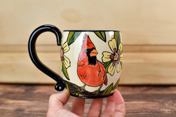 Cardinal Bird Handmade Pottery Mug Gift, Ceramic Coffee Cup, Stoneware Hand Painted Hand Drawn, Microwave Safe, Ready to Ship