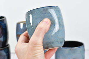 Stemless Ceramic Wine Tumbler Handmade with Thumb Dent, Stoneware Pottery Sake Cup in Blue Jean, Blue Gray, and Galaxy Black