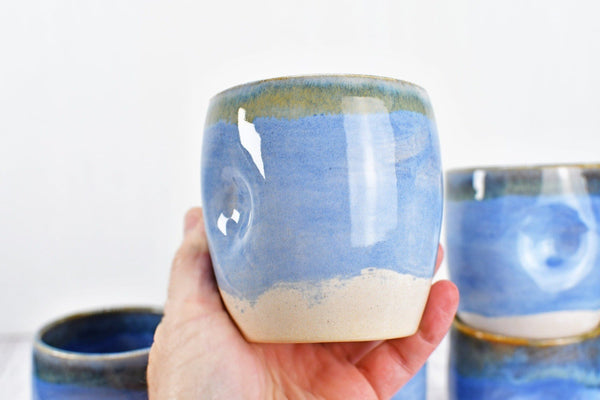 Stemless Ceramic Wine Tumbler Handmade with Thumb Dent Stoneware Pottery in Light Pastel Blue and Beachy White