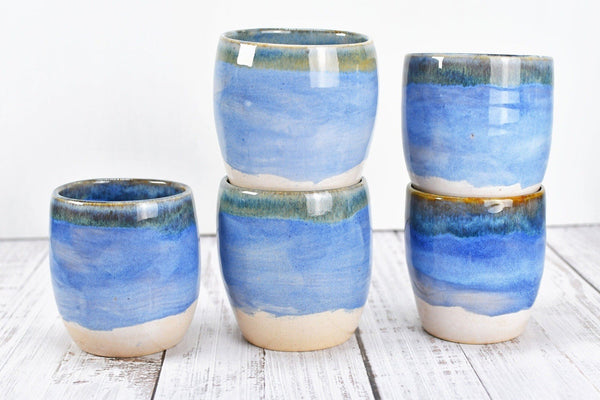 Stemless Ceramic Wine Tumbler Handmade with Thumb Dent Stoneware Pottery in Light Pastel Blue and Beachy White