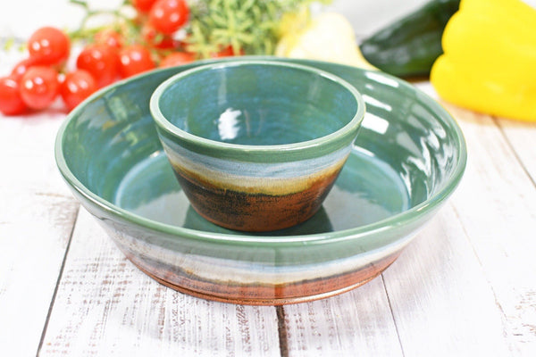 Chip and Dip Ceramic Bowl Set, Handmade Beachy Copper and Turquoise Detached Snack Stoneware Pottery Party Serving Dishes