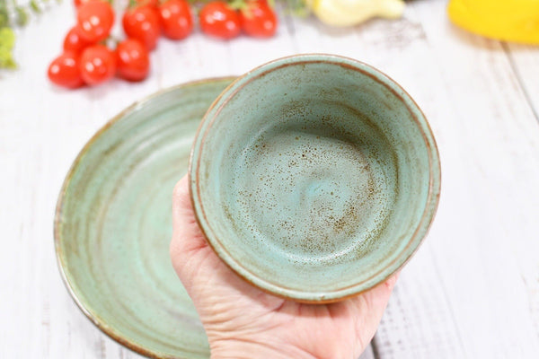 Chip and Dip Ceramic Bowl Set, Handmade Rustic Copper and Sage Green Detached Snack Stoneware Pottery Party Serving Dishes
