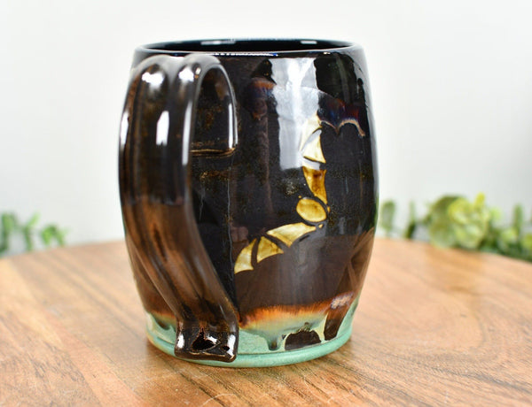 Bat Halloween Large Coffee Mug, Drippy Sparkle Black Stoneware Pottery Ceramic Cup with Turquoise Base, Punk Gothic Decor, Handmade Gift