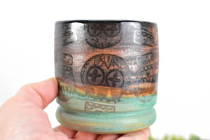 Sugar Skull Copper Whiskey Bourbon Tumbler, Handmade Ceramic Pottery Scotch Barware Anniversary or Gift for Groomsman in Black, Patina Green