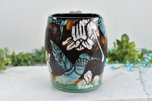 Hummingbird Handmade Pottery Cup & Abstract Floral Ceramic Stoneware Hand Painted Copper, Turquoise Blue, Teal Green Christmas Gift for Her