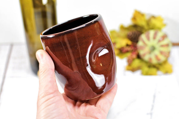 Red Stemless Ceramic Wine Tumbler Handmade with Thumb Dent, Cup in Maroon Burgundy Ruby Cabernet Stoneware Pottery Unique Anniversary Gift