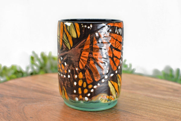 Monarch Butterfly Handmade Ceramic Tumbler Cup with Yellow Sunflowers, Handleless Stoneware Pottery Mug in Copper Bronze Gift for Her