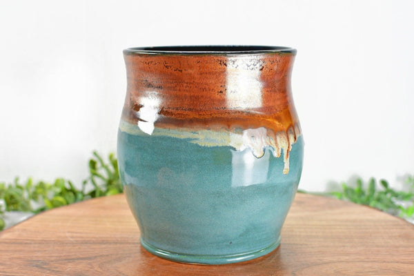 Ceramic Utensil Holder Crock for Kitchen Countertop, Drippy Copper Pottery Organizer in Tourmaline Blue, Flower Pot or Housewarming Gift