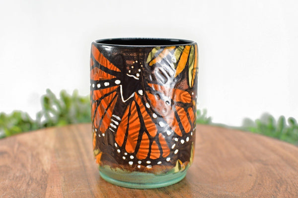 Monarch Butterfly Handmade Ceramic Tumbler Cup with Yellow Sunflowers, Handleless Stoneware Pottery Mug in Copper Bronze Gift for Her
