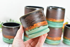 6 stoneware pottery stemless wine cups with thumb dents, in turquoise, teal, blue, and copper