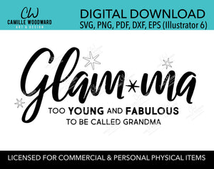 Glam-ma Too Young and Fabulous to Be Called Grandma Art with Sparkles black and white illustration clip art