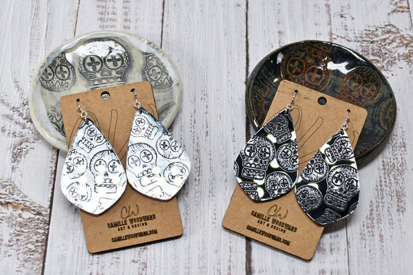 Sugar Skull Earrings, Cute Dangle Acrylic Jewelry, Lightweight Punk, Gothic, Metal Concert Fashion Accessory in Black and Silver Gray
