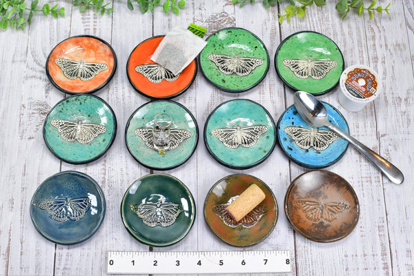 Monarch Butterfly Ceramic Small Coffee Spoon Rest, Handmade Stoneware Pottery Jewelry Trinket Dish, Bright Colors, Nature Gift for Mom