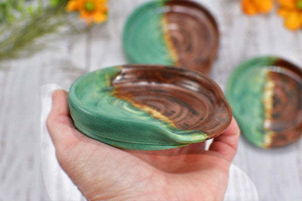 Copper & Verdigris Green Ceramic Spoon Rest, Handmade Medium and Large Stoneware Pottery, Stovetop or Countertop Coffee Tea Bag Holder