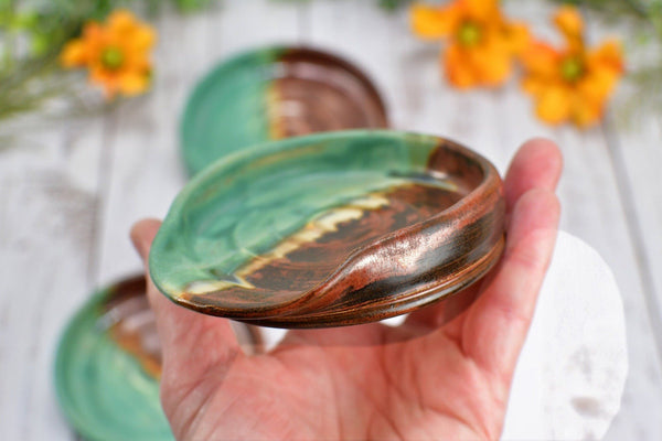 Copper & Verdigris Green Ceramic Spoon Rest, Handmade Medium and Large Stoneware Pottery, Stovetop or Countertop Coffee Tea Bag Holder