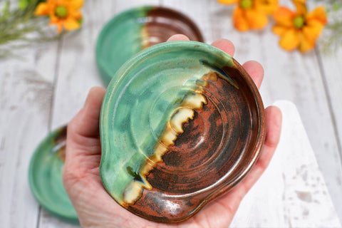 Copper & Verdigris Green Ceramic Spoon Rest, Handmade Medium and Large Stoneware Pottery, Stovetop or Countertop Coffee Tea Bag Holder