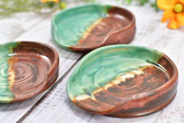 Copper & Verdigris Green Ceramic Spoon Rest, Handmade Medium and Large Stoneware Pottery, Stovetop or Countertop Coffee Tea Bag Holder