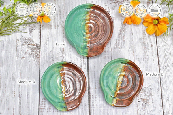 Copper & Verdigris Green Ceramic Spoon Rest, Handmade Medium and Large Stoneware Pottery, Stovetop or Countertop Coffee Tea Bag Holder