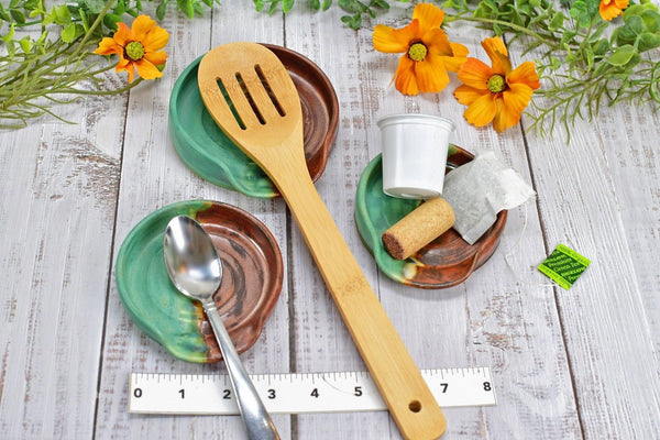 Copper & Verdigris Green Ceramic Spoon Rest, Handmade Medium and Large Stoneware Pottery, Stovetop or Countertop Coffee Tea Bag Holder