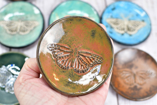 Monarch Butterfly Ceramic Small Coffee Spoon Rest, Handmade Stoneware Pottery Jewelry Trinket Dish Gift in Blue, Brown, Green, and Orange