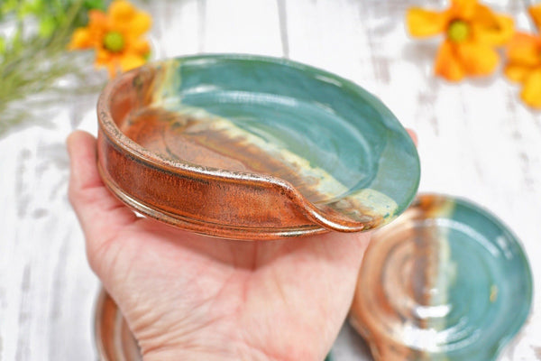 Copper & Turquoise Ceramic Spoon Rest, Handmade Medium and Large Stoneware Pottery, Stovetop, Tabletop, Countertop Coffee Tea Bag Holder