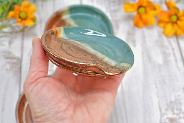 Copper & Turquoise Ceramic Spoon Rest, Handmade Medium and Large Stoneware Pottery, Stovetop, Tabletop, Countertop Coffee Tea Bag Holder