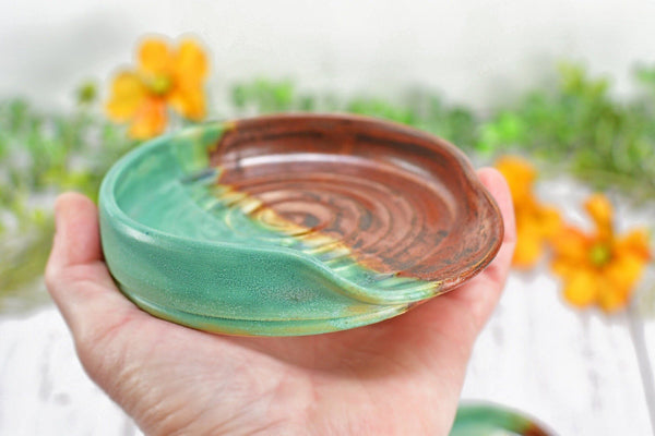 Copper & Verdigris Green Ceramic Spoon Rest, Handmade Medium and Large Stoneware Pottery, Stovetop or Countertop Coffee Tea Bag Holder