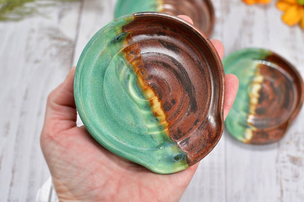 Copper & Verdigris Green Ceramic Spoon Rest, Handmade Medium and Large Stoneware Pottery, Stovetop or Countertop Coffee Tea Bag Holder