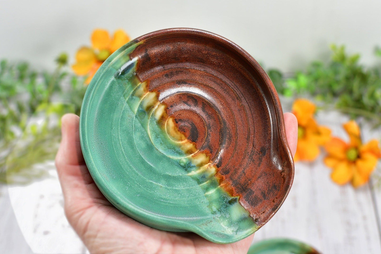Copper & Verdigris Green Ceramic Spoon Rest, Handmade Medium and Large Stoneware Pottery, Stovetop or Countertop Coffee Tea Bag Holder
