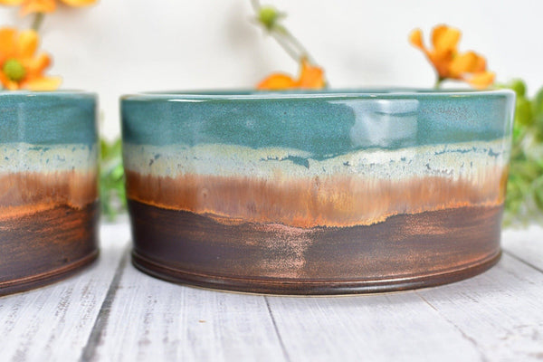 Ceramic Dog Food or Water Bowl, Handmade Stoneware Pottery Wheel Thrown Medium Size Pet Food Dish in Copper and Turquoise Blue Ocean