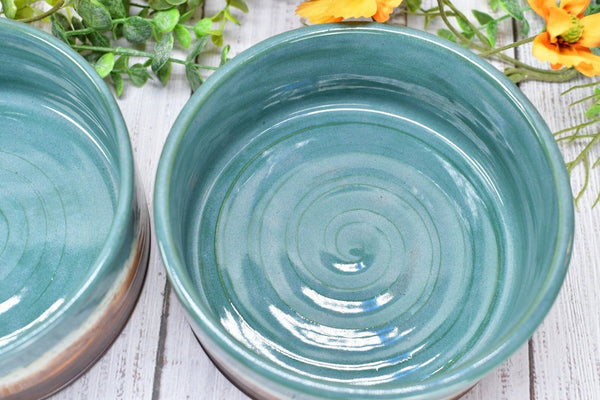 Ceramic Dog Food or Water Bowl, Handmade Stoneware Pottery Wheel Thrown Medium Size Pet Food Dish in Copper and Turquoise Blue Ocean