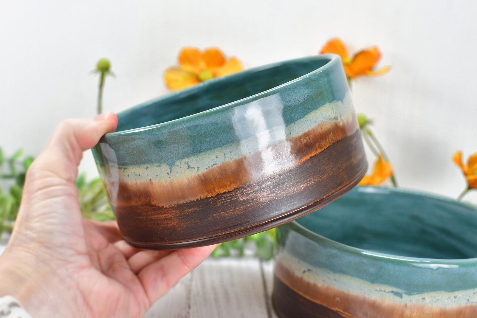 Ceramic Dog Food or Water Bowl, Handmade Stoneware Pottery Wheel Thrown Medium Size Pet Food Dish in Copper and Turquoise Blue Ocean