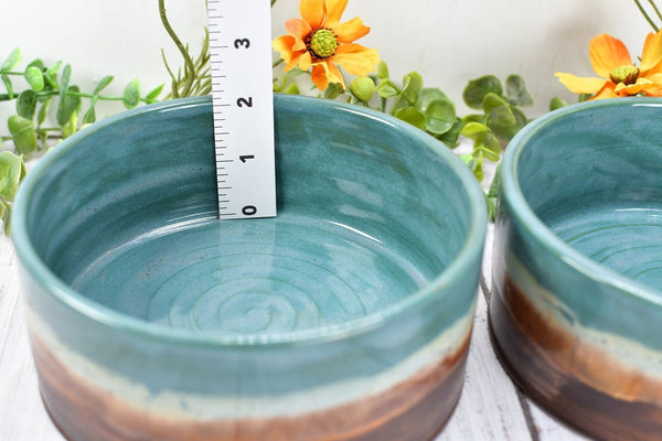 Ceramic Dog Food or Water Bowl, Handmade Stoneware Pottery Wheel Thrown Medium Size Pet Food Dish in Copper and Turquoise Blue Ocean