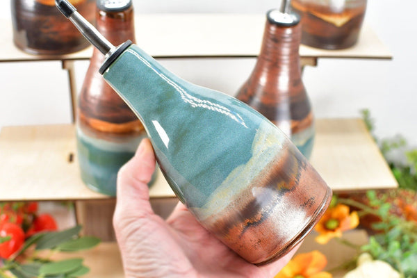 Ceramic Olive Oil Bottle Cruet Dispenser in Copper Teal Gray Blue, Handmade Stoneware Pottery, Liquid Soap or Tabletop Flower Vase