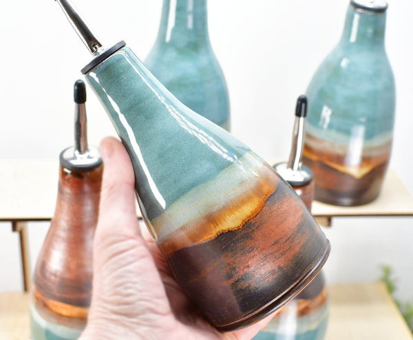 Ceramic Olive Oil Bottle Cruet Dispenser in Copper Teal Gray Blue, Handmade Stoneware Pottery, Liquid Soap or Tabletop Flower Vase