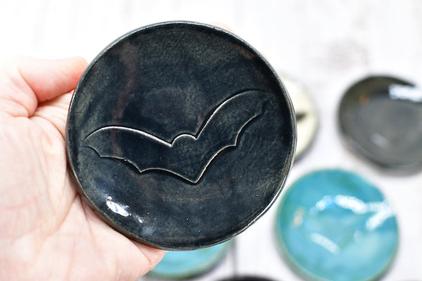 Bat Small Ceramic Coffee Spoon Rest, Handmade Stoneware Pottery Trinket Jewelry Dish, Halloween Black, White, Turquoise, Gray Gothic Decor