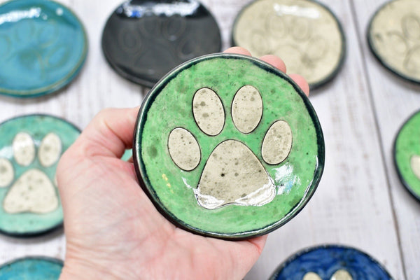 Paw Print Ceramic Small Coffee Spoon Rest, Jewelry Trinket Dish, Handmade Stoneware Pottery in Blue, Green, Teal, Brown, Black, Unique Gift