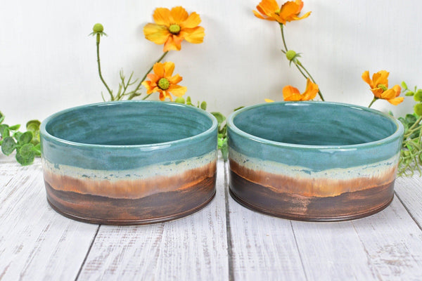 Ceramic Dog Food or Water Bowl, Handmade Stoneware Pottery Wheel Thrown Medium Size Pet Food Dish in Copper and Turquoise Blue Ocean