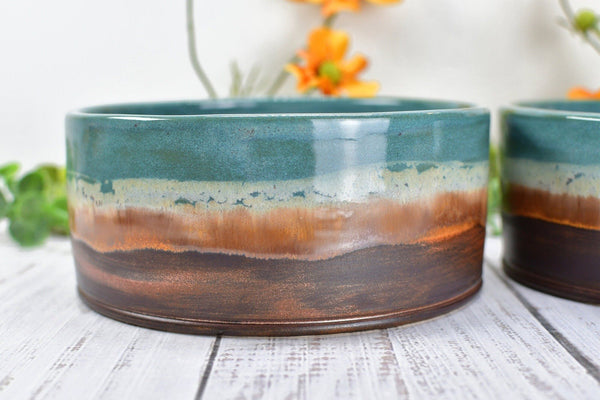 Ceramic Dog Food or Water Bowl, Handmade Stoneware Pottery Wheel Thrown Medium Size Pet Food Dish in Copper and Turquoise Blue Ocean