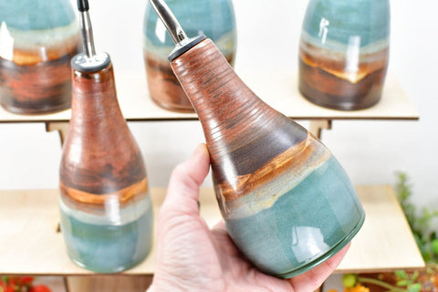 Ceramic Olive Oil Bottle Cruet Dispenser in Copper Teal Gray Blue, Handmade Stoneware Pottery, Liquid Soap or Tabletop Flower Vase