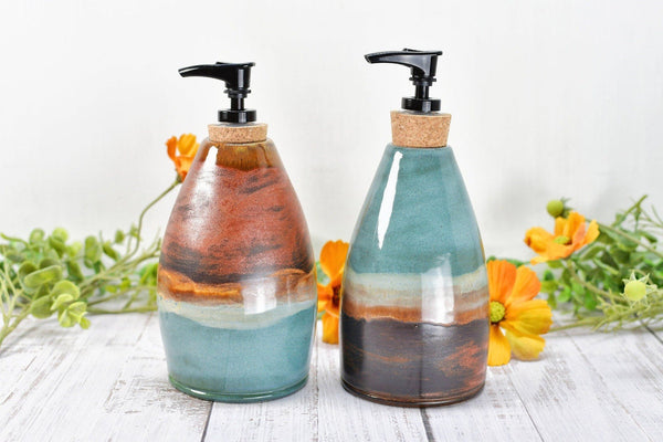 Handmade Ceramic Lotion / Soap Dispenser Stoneware Pottery in Copper, Teal, Turquoise, Blue Green for Bathroom and Kitchen Decor