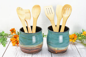 Ceramic Utensil Holder Crock for Kitchen Countertop, Pottery Organizer in Copper Tourmaline Blue, Flower Pot, Tumbler Cup Housewarming Gift