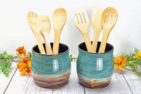 Ceramic Utensil Holder Crock for Kitchen Countertop, Pottery Organizer in Copper Tourmaline Blue, Flower Pot, Tumbler Cup Housewarming Gift